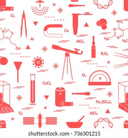 Seamless pattern with variety scientific, education elements: dividers, formula, test-tube, satellites, batteries and other. Design for banner, poster or print.