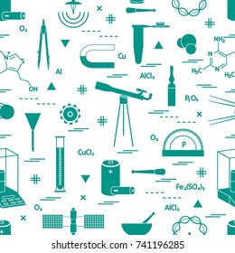 Seamless pattern with variety scientific, education elements: dividers, formula, test-tube, satellites, batteries and other. Design for banner, poster or print.