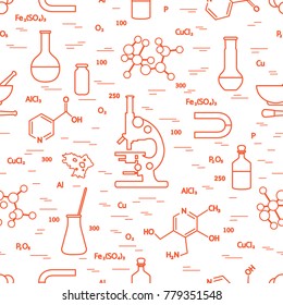 Seamless pattern with variety scientific, education elements: microscope, flasks, formula, pestle and other. Design for banner, poster or print. 