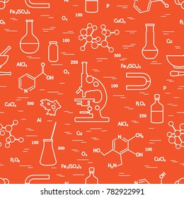 Seamless pattern with variety scientific, education elements: microscope, flasks, formula, pestle and other. Design for banner, poster or print. 