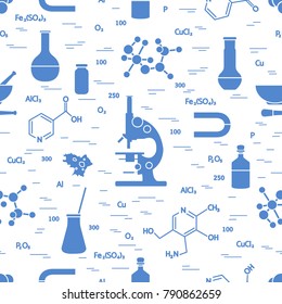 Seamless pattern with variety scientific, education elements: microscope, flasks, formula, pestle and other. Design for banner, poster or print. 