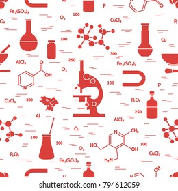 Seamless pattern with variety scientific, education elements: microscope, flasks, formula, pestle and other. Design for banner, poster or print. 