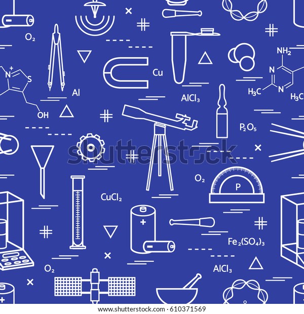 Seamless pattern with variety\
scientific, education elements: dividers, formula, test-tube,\
satellites, batteries and other. Design for banner, poster or\
print.