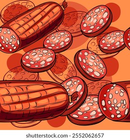 Variedade padrão sem costura de carnes defumadas e curadas, incluindo salsichas e pepperoni. Ótimo para publicidade de alimentos, design culinário e embalagem. Ilustração vetorial.