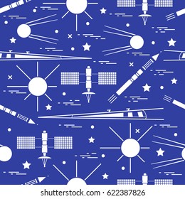 Seamless pattern with variety space exploration elements. Design for banner, poster or print.