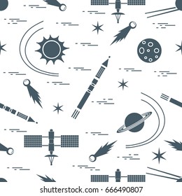 Seamless pattern with variety space exploration elements. Design for banner, poster or print.