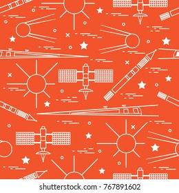 Seamless pattern with variety space exploration elements. Design for banner, poster or print.