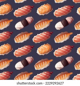 Seamless pattern with Variety of Sushi. Japanese food, healthy eating, cooking, menu, nutrition concept. Vector illustration. 