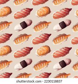 Seamless pattern with Variety of Sushi. Japanese food, healthy eating, cooking, menu, nutrition concept. Vector illustration. 