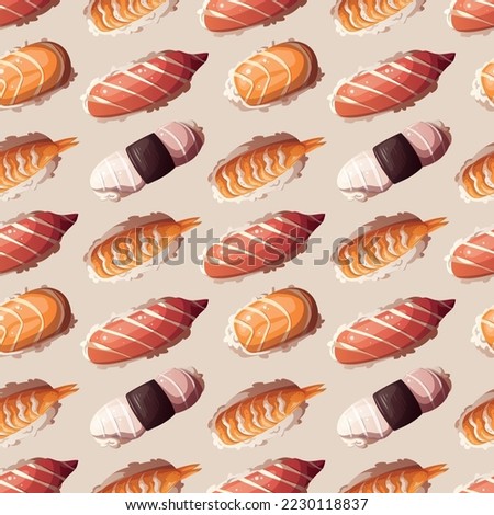 Seamless pattern with Variety of Sushi. Japanese food, healthy eating, cooking, menu, nutrition concept. Vector illustration. 