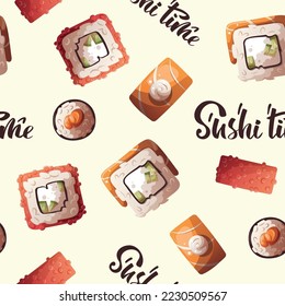 Nahtloses Muster mit Variety von Sushi Rollen. Japanisches Essen, gesundes Essen, Kochen, Menü, Ernährungskonzept. Vektorgrafik. 