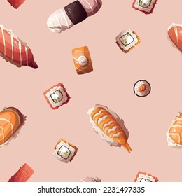 Seamless pattern with variety of Sushi rolls. Japanese food, healthy eating, cooking, menu, nutrition concept. Vector illustration. 