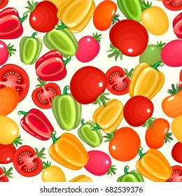Seamless pattern with variety of tomatoes and bell peppers. Fresh ripe vegetables for repeatable food background. Vector illustration.