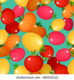 Seamless pattern with variety of tomatoes. Bright fresh vegetables for repeatable food background. Vector illustration.