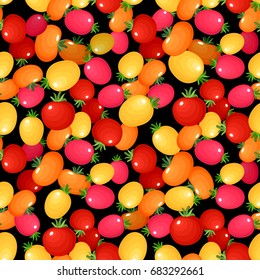 Seamless pattern with variety of tomatoes. Bright fresh vegetables for repeatable food background. Vector illustration.