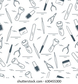 Seamless pattern with variety tools for manicure and pedicure. Personal care. Design for banner, poster or print.