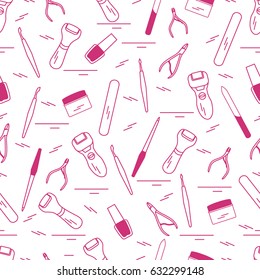Seamless pattern with variety tools for manicure and pedicure. Personal care. Design for banner, poster or print.