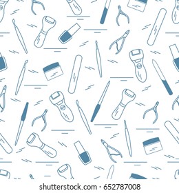 Seamless pattern with variety tools for manicure and pedicure. Personal care. Design for banner, poster or print.