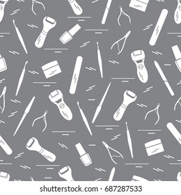 Seamless pattern with variety tools for manicure and pedicure. Personal care. Design for banner, poster or print.