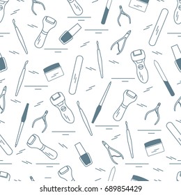 Seamless pattern with variety tools for manicure and pedicure. Personal care. Design for banner, poster or print.