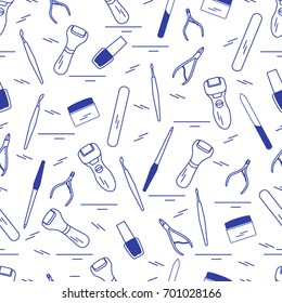 Seamless pattern with variety tools for manicure and pedicure. Personal care. Design for banner, poster or print.