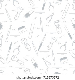 Seamless pattern with variety tools for manicure and pedicure. Personal care. Design for banner, poster or print.