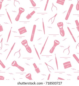 Seamless pattern with variety tools for manicure and pedicure. Personal care. Design for banner, poster or print.