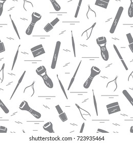 Seamless pattern with variety tools for manicure and pedicure. Personal care. Design for banner, poster or print.
