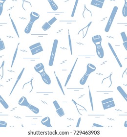 Seamless pattern with variety tools for manicure and pedicure. Personal care. Design for banner, poster or print.
