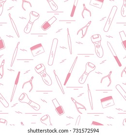 Seamless pattern with variety tools for manicure and pedicure. Personal care. Design for banner, poster or print.