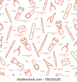 Seamless pattern with variety tools for manicure and pedicure. Personal care. Design for banner, poster or print.