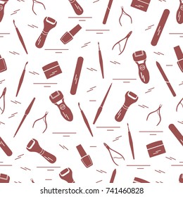 Seamless pattern with variety tools for manicure and pedicure. Personal care. Design for banner, poster or print.