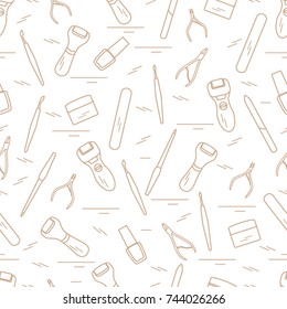 Seamless pattern with variety tools for manicure and pedicure. Personal care. Design for banner, poster or print.