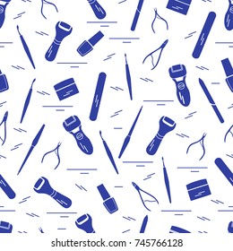 Seamless pattern with variety tools for manicure and pedicure. Personal care. Design for banner, poster or print.
