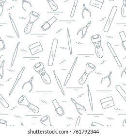 Seamless pattern with variety tools for manicure and pedicure. Personal care. Design for banner, poster or print.