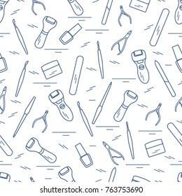 Seamless pattern with variety tools for manicure and pedicure. Personal care. Design for banner, poster or print.