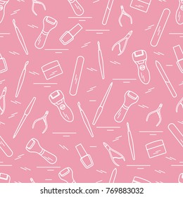 Seamless pattern with variety tools for manicure and pedicure. Personal care. Design for banner, poster or print.