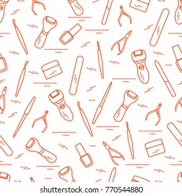Seamless pattern with variety tools for manicure and pedicure. Personal care. Design for banner, poster or print.