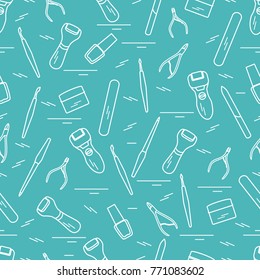 Seamless pattern with variety tools for manicure and pedicure. Personal care. Design for banner, poster or print.