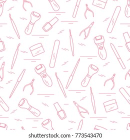 Seamless pattern with variety tools for manicure and pedicure. Personal care. Design for banner, poster or print.