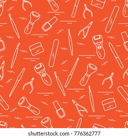 Seamless pattern with variety tools for manicure and pedicure. Personal care. Design for banner, poster or print.