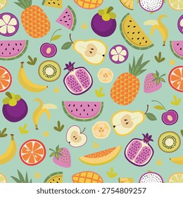 A seamless pattern with a variety of tropical and garden fruits. Flat style kitchen textile design.