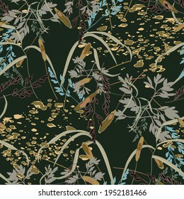 Seamless pattern with variety of wild grasses. Goldfields in midnight, sparkling gold stones. Large scale gorgeous symmetric ornament, for bed linen, upholstery, wall hangings. Allusion to art deco.