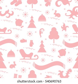 Seamless pattern with variety winter elements:  sleigh, tree, scarf, hat, mittens, socks and other. Design for banner, flyer, poster or print.