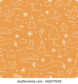 Seamless pattern with variety winter elements:  sleigh, tree, scarf, hat, mittens, socks and other. Design for banner, flyer, poster or print.