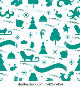 Seamless pattern with variety winter elements:  sleigh, tree, scarf, hat, mittens, socks and other. Design for banner, flyer, poster or print.