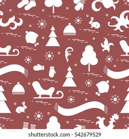 Seamless pattern with variety winter elements:  sleigh, tree, scarf, hat, mittens, socks and other. Design for banner, flyer, poster or print.