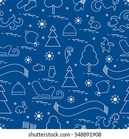 Seamless pattern with variety winter elements:  sleigh, tree, scarf, hat, mittens, socks and other. Design for banner, flyer, poster or print.