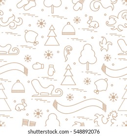 Seamless pattern with variety winter elements:  sleigh, tree, scarf, hat, mittens, socks and other. Design for banner, flyer, poster or print.