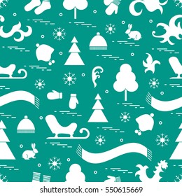 Seamless pattern with variety winter elements:  sleigh, tree, scarf, hat, mittens, socks and other. Design for banner, flyer, poster or print.